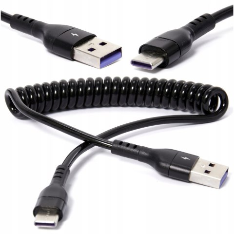 USB-C smartphone tablet charging cable, black, spring spiral