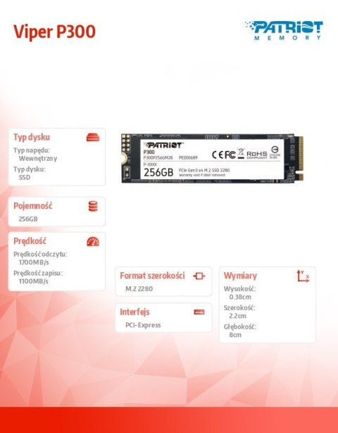 Dysk SSD P300 256GB M.2 PCIe Gen 3 x4 1700/1100