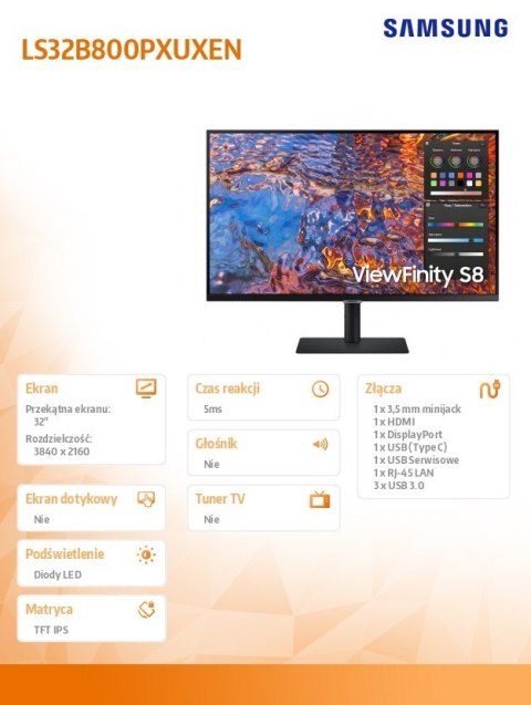 Monitor 32 cale ViewFinity S80PX IPS 3840x2160 UHD 16:9 1xHDMI 1xDP 1xUSB-C (90W) 3xUSB 3.0 LAN 5ms PinP/PbyP 60Hz HAS+PIV płask