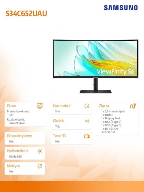 Monitor 34 cale ViewFinity S65UA VA 3440x1440 UWQHD 21:9 1xHDMI 1xDP 1xUSB-C(90W) 3xUSB 3.0 LAN (RJ45) 5ms 100Hz HAS+PIVOT zakrz