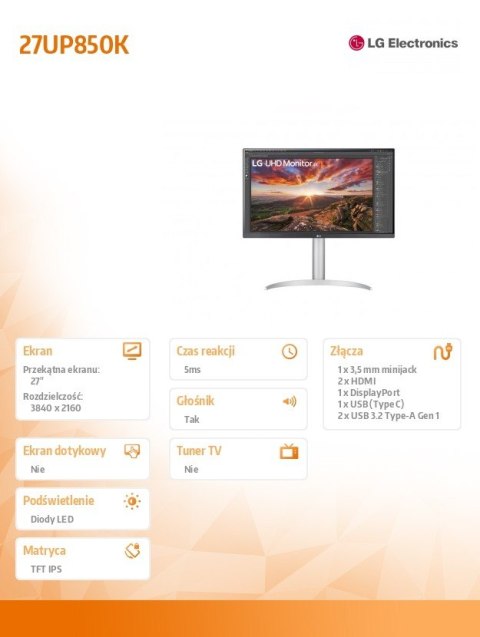 Monitor 27 cali 27UP850K-W UHD IPS USB-C Vesa DisplayHDR
