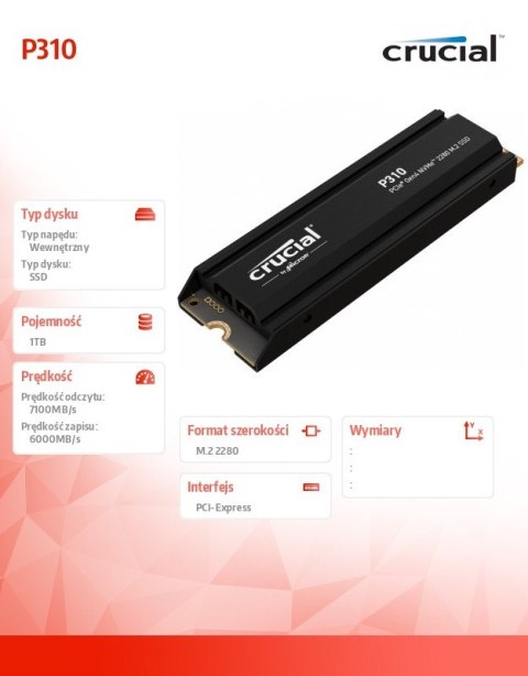 Crucial Dysk SSD P310 1TB M.2 NVMe PCIe 4.0 2280 radiator
