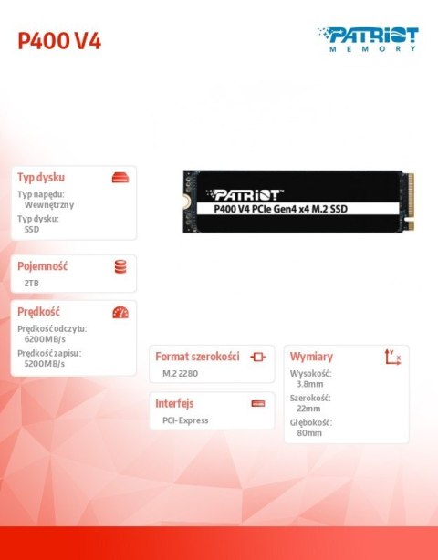 Patriot Dysk SSD 2TB P400 V4 6200/5200 MB/s M.2 PCIe Gen4 x4 NVMe 2.0