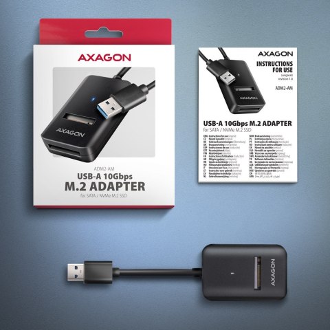 AXAGON ADM2-AM Adapter USB3.2 Gen 2 M.2 NVMe/SATA SSD 10Gbps 10cm USB-A cable