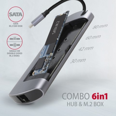 AXAGON HMC-6M2 Wieloportowy hub USB-C 3.2 Gen 1, slot M.2 SATA + HDMI + GLAN + 2x USB-A + PD 100W
