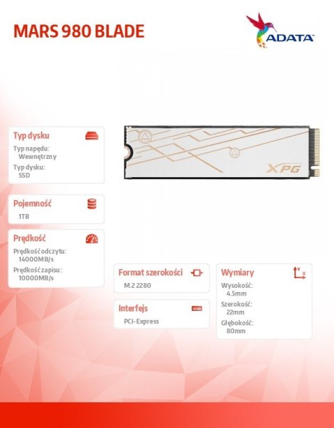 Adata Dysk SSD XPG MARS 980 BLADE 1TB PCIe 5x4 14/10 GB/s M2