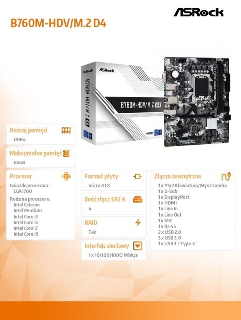 ASRock Płyta główna B760M-HDV/M.2 D4 s1700 2DDR4 DP/HDMI mATX