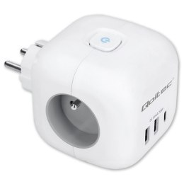 Qoltec Kostka zasilająca przedłużacz 6w1 z podświetlanym włącznikiem | 3x AC | 2x USB | 1x USB-C PD 20W | biała