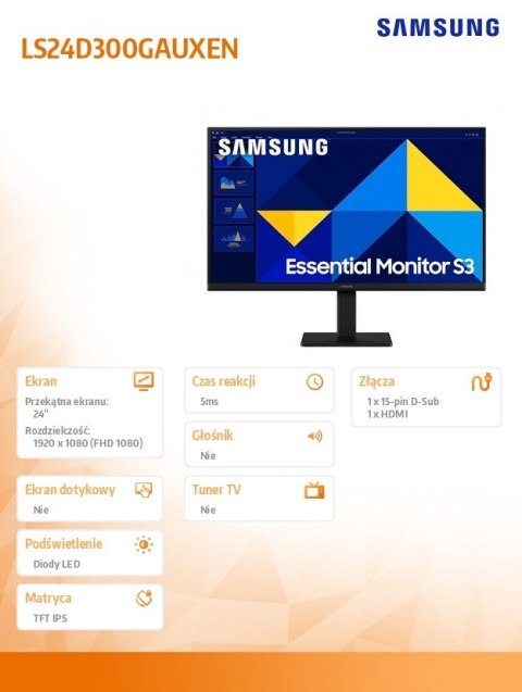 Samsung Monitor 24 cale LS24D300GAUXEN FHD 1xHDMI 1xDP 100Hz
