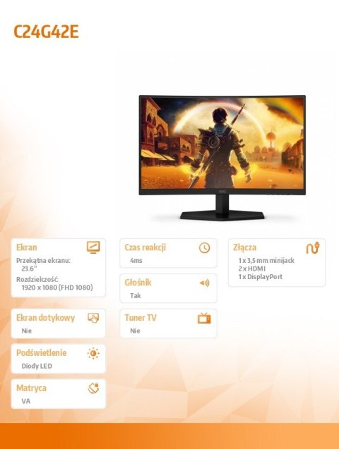 AOC Monitor C24G42E 23.6 cala 180Hz Curved VA HDMIx2 DP