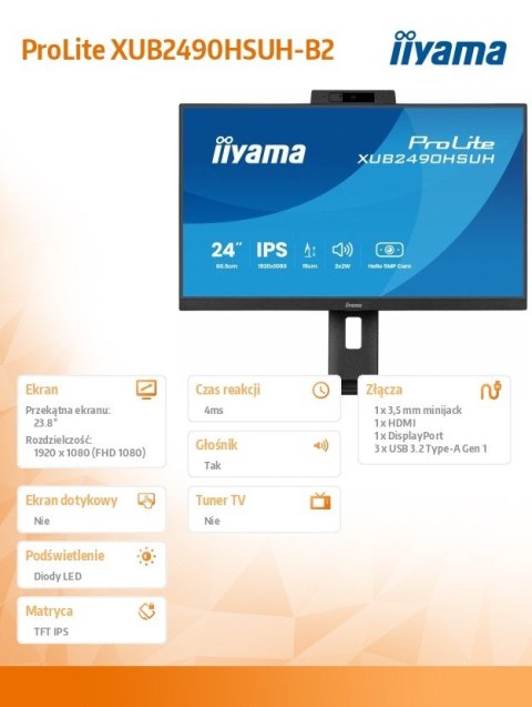 IIYAMA Monitor 24 cale XUB2490HSUH-B2 IPS,FHD,CAM,MIC,HDMI,DP