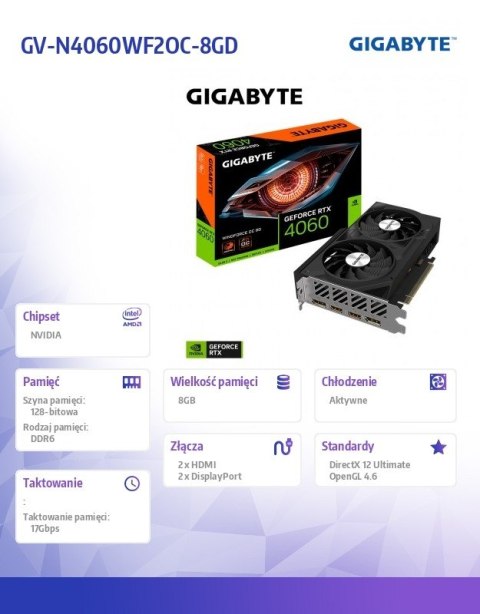 Gigabyte Karta graficzna GeForce RTX 4060 WINDFORCE OC 8G GDDR6 128bit 2DP