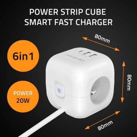 Qoltec Kostka zasilająca przedłużacz 6w1 z podświetlanym włącznikiem | 3x AC | 2x USB | 1x USB-C PD 20W | biała | kabel 2m