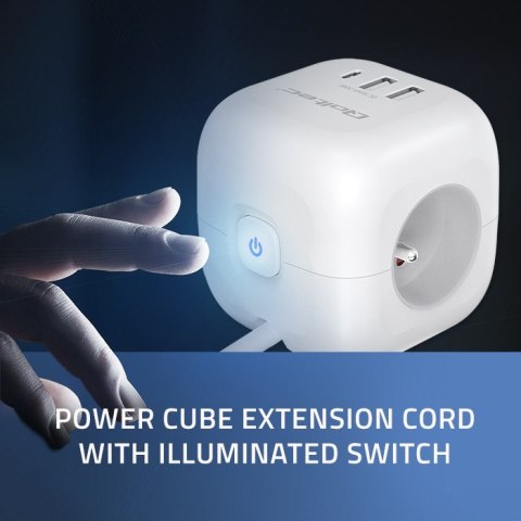 Qoltec Kostka zasilająca przedłużacz 6w1 z podświetlanym włącznikiem | 3x AC | 2x USB | 1x USB-C PD 20W | biała | kabel 2m