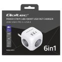 Qoltec Kostka zasilająca przedłużacz 6w1 z podświetlanym włącznikiem | 3x AC | 2x USB | 1x USB-C PD 20W | biała | kabel 2m
