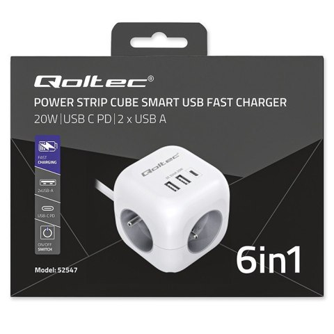 Qoltec Kostka zasilająca przedłużacz 6w1 z podświetlanym włącznikiem | 3x AC | 2x USB | 1x USB-C PD 20W | biała | kabel 2m