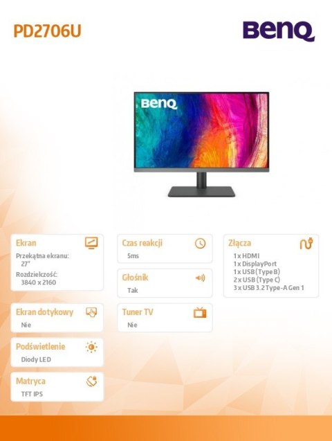 Benq Monitor 27 cali PD2706U LED 4K 5ms/QHD/IPS/HDMI/DP/USB