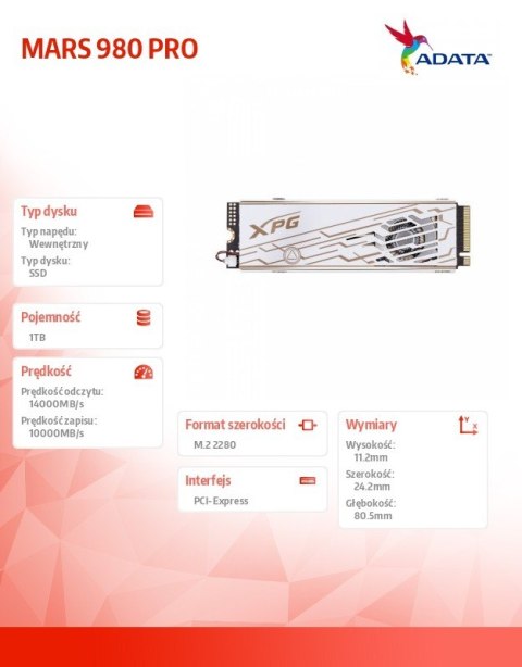 Adata Dysk SSD XPG MARS 980 PRO 1TB PCIe 5x4 14/10 GB/s M2