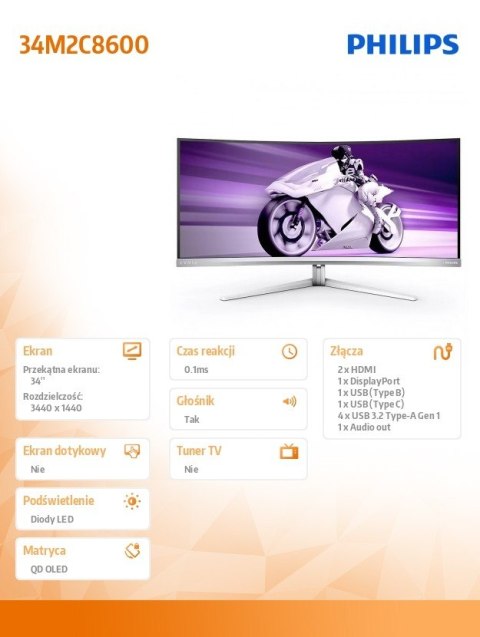 Philips Monitor 34 cale Evnia 34M2C8600 Curved QD OLED 175Hz HDMIx2 DP USB-C HDR HAS Ambiglow