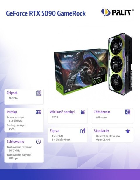 Palit Karta graficzna RTX 5090 GameRock 32GB GDDR7 512bit 3DP/HDMI