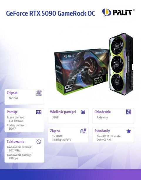 Palit Karta graficzna RTX 5090 GameRock OC 32GB GDDR7 512bit 3DP/HDMI