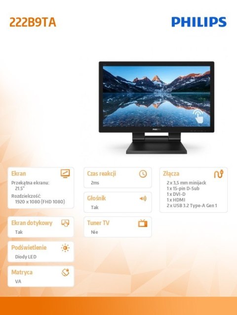 Philips Monitor LCD 222B9TA 21.5 cala VA Touch 10 points