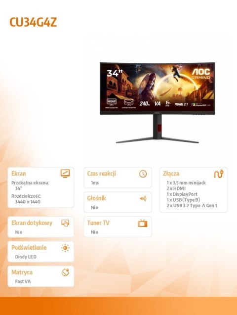 AOC Monitor CU34G4Z 34 cale 240Hz Curved VA HDMIx2 DP HAS