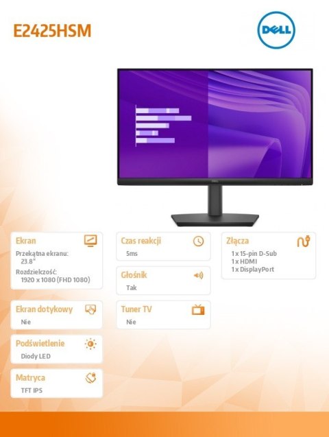 Dell Monitor E2425HSM 23.8 cala VA LED Full HD (1920x1080)/16:9/DP/HDMI/VGA/Głośniki/3Y