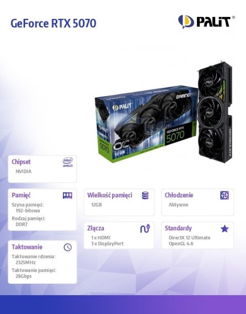 Palit Karta graficzna GeForce RTX 5070 GAMING PRO OC 12GB GDDR7 192bit 3DP/HDMI