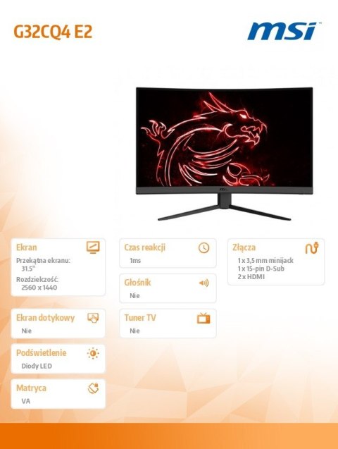 MSI Monitor 31.5 cali G32CQ4 E2 Curved/LED/WQHD/170Hz