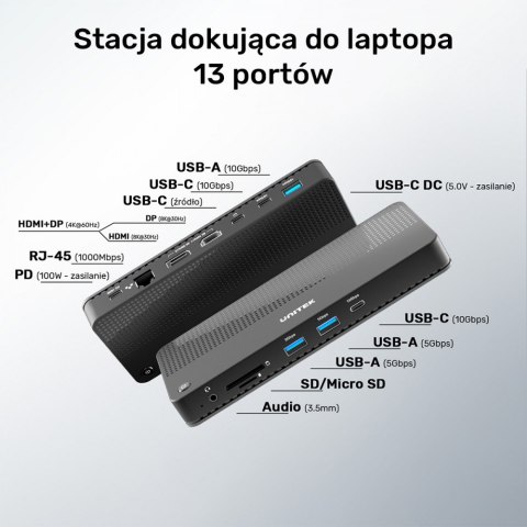 Unitek Stacja dokująca 12w1 USB-C, HDMI 2.1, USB 4, PD 100W; D1079A