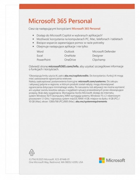 Microsoft M365 Personal PL 1Y 1U 5D Win/Mac EP2-32454