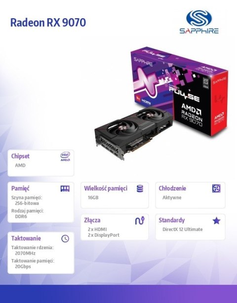 Sapphire Technology Karta graficzna Radeon RX 9070 PULSE 16GB GDDR6 256bit 2DP/2HDMI