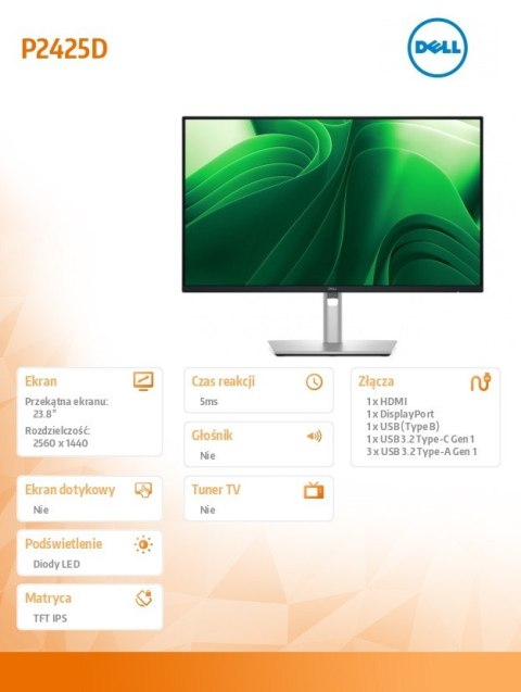 Dell Monitor 23.8 cala P2425D IPS LED QHD (2560x1440)/16:9/HDMI/DP/USB-C/3x USB/5Y AES&PPG