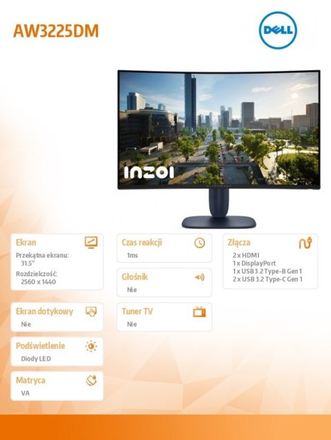 Dell Monitor AW3225DM 31.6 cala Curved NVIDIA G-Sync Compatible 180Hz VA QHD (3440x1440)/16:9/DP/2xHDMI/3xUSB 3.2/3Y AES&PPE