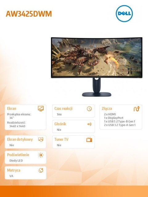 Dell Monitor AW3425DWM 34 cale Curved AMD FreeSync VA 180Hz WQHD (3440x1440)/21:9/1xDP/2xHDMI/2xUSB 3.2/3Y AES&PPE
