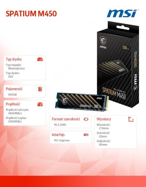 MSI Dysk SSD SPATIUM M450 500GB M.2 PCIe 4.0 3600/2300MB/s