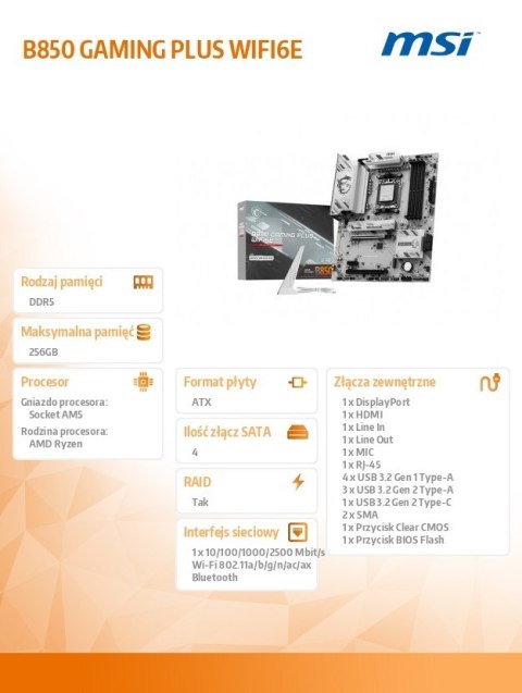 MSI Płyta główna B850 GAMING PLUS WIFI6E AM5 4DDR5 ATX