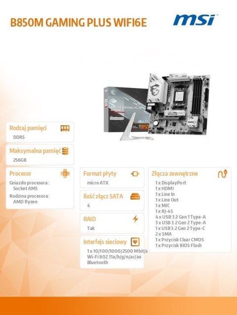 MSI Płyta główna B850M GAMING PLUS WIFI6E AM5 4DDR5 mATX