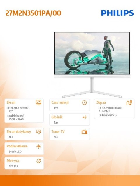 Philips Monitor 27M2N3501PA 27 cali IPS 260Hz HDMIx2 DP Pivot Głośniki