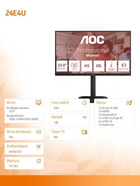AOC Monitor 24E4U 23.8 cala IPS 120Hz HDMI DP VGA Pivot Głośniki