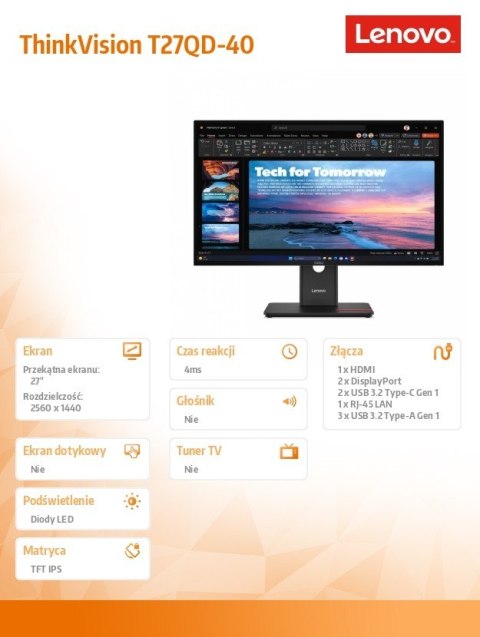 Lenovo Monitor 27 cali ThinkVision T27QD-40 WLED LCD 64AAZAT2EU