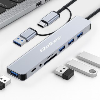 Qoltec HUB Adapter 8w1 USB-C/USB | USB-C | 4xUSB | SD/TF card | Jack 3.5mm TRRS