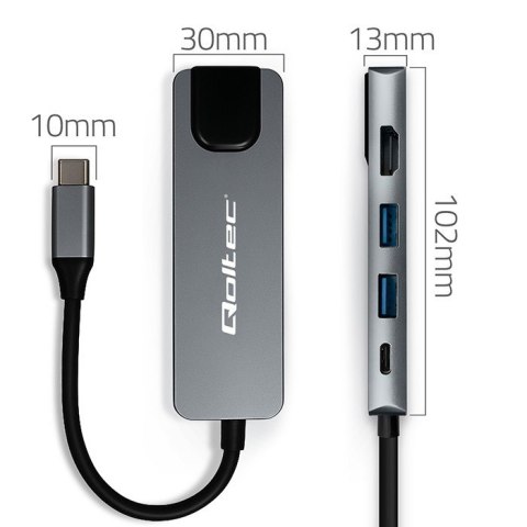 Qoltec HUB Adapter USB-C 5w1 | USB-C PD 100W | 2xUSB | HDMI 4K | RJ45