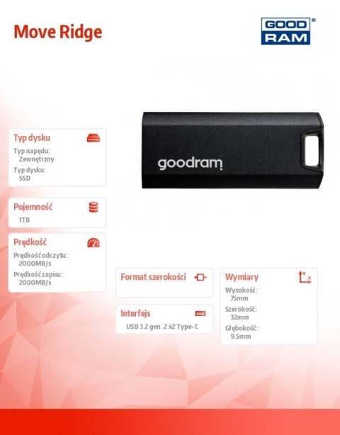 GOODRAM Dysk zewnętrzny SSD Move Ridge 1TB 2000/2000MB/s