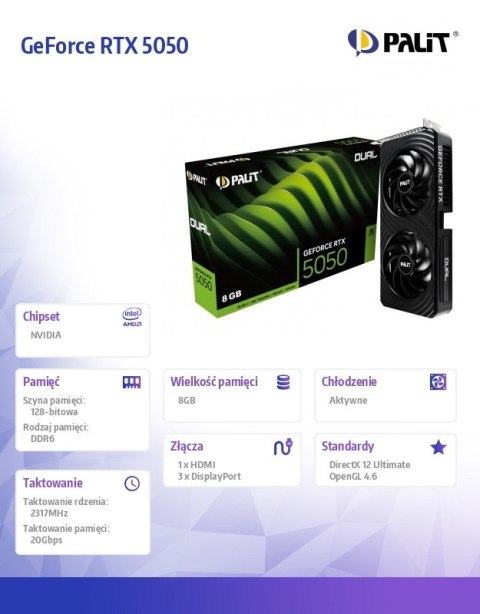 Palit Karta graficzna GeForce RTX 5050 DUAL 8GB GDDR6 128bit 3DP/HDMI