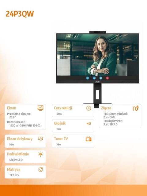 AOC Monitor 24P3QW 23.8 cali IPS HDMIx2 DP Pivot Kamera