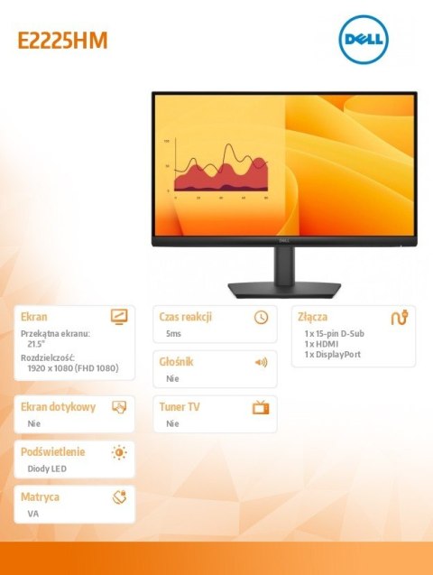 Dell Monitor E2225HM 21.5 cala LED VA Full HD (1920 x1080)/16:9/DP/HDMI/VGA/3Y