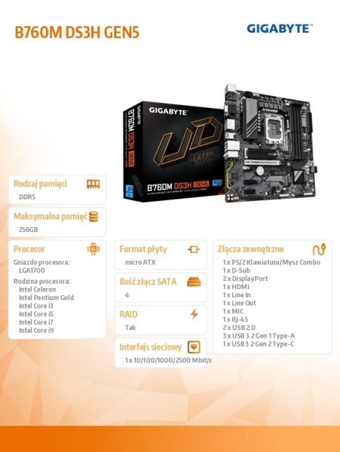 Gigabyte Płyta główna B760M DS3H s1700 GEN5 4DDR5 HDMI/DP/DSUB mATX