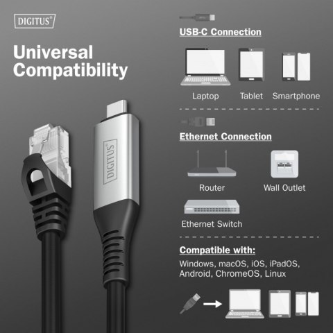 Digitus Kabel adapter USB-C - RJ45 Kat. 6A S/FTP, 1 Gbit/s, USB 3.2 Gen1, LSZH, 2m